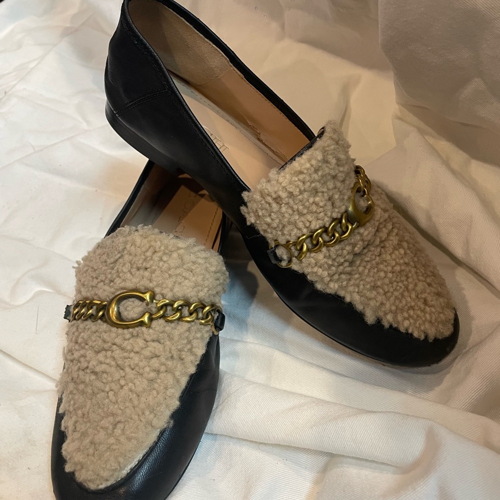COACH Helena Convertible Loafer wiith Genuine Shearling Trim, Black, Size 6